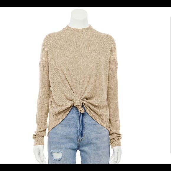 Juniors' SO Long Sleeve Cozy Mockneck Knot Front NEW long sleeve SZ SM Oatmeal - Picture 4 of 9